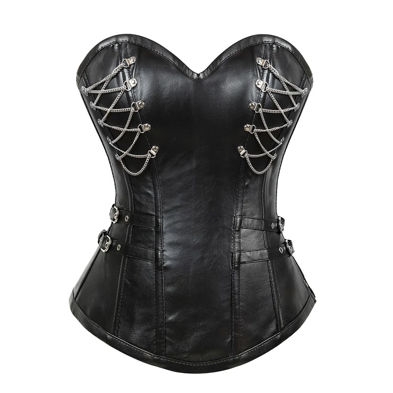 

Women Faux PU Leather Overbust Corset Steampunk Black Corsets Top Gothic Sexy Lingerie Waist Trainer Body Shaper Waist Cincher
