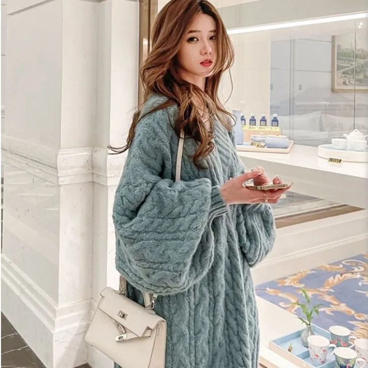 

2022 New Autumn Winter Knitted Dress V-neck Lantern Sleeve Loose Short Dress Solid Color Bottoming Sweater Dresses Office Lady