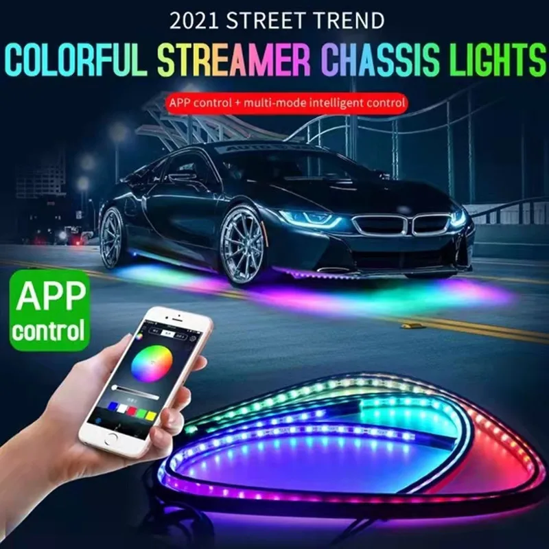 Купи RGB LED Lighting Under Car Decorative Ambient Light Strip APP Remote Control Underglow Underbody System Chassis Neon Lights Lamp за 1,619 рублей в магазине AliExpress