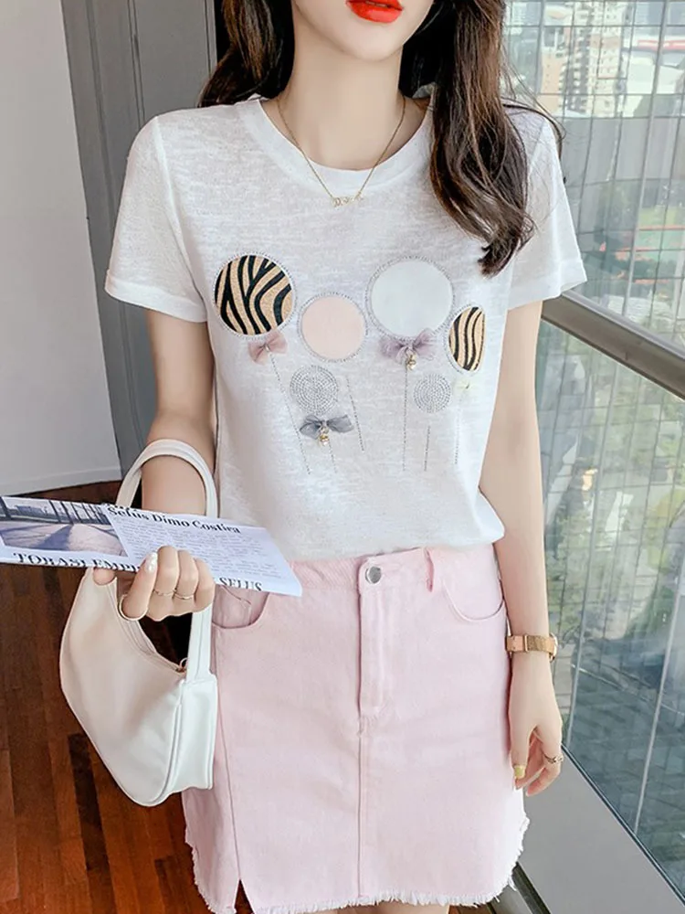 Женская хлопковая футболка 2024 блестящая со стразами и коротким рукавом женские