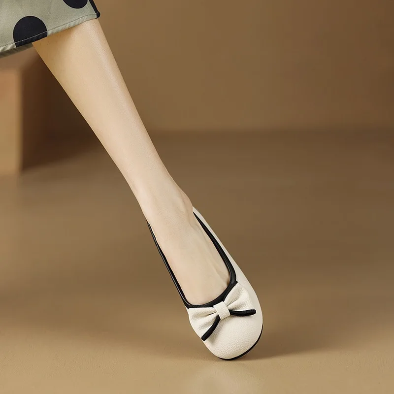2023 Summer Soft Leather Bowknot Shallow Mouth Single Shoe Women's New Flat Bottom Large Grandma's Shoe Woman Designer Shoes