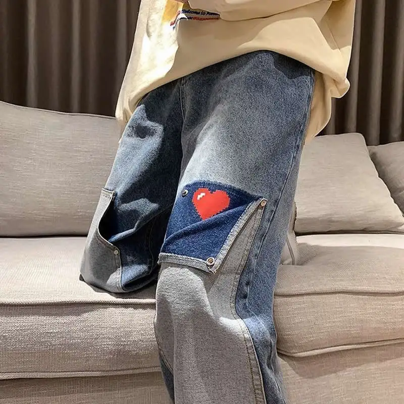 Men Low Waist Trousers Streetwear Casual Baggy Jeans Patchwork Grunge Women Denim Hip Hop Wide Leg Cargo Pants Plus Size Clothes