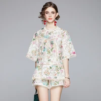 original brand suit female 2022 summer hollow embroidered printed top shorts loose temperament floral two piece set