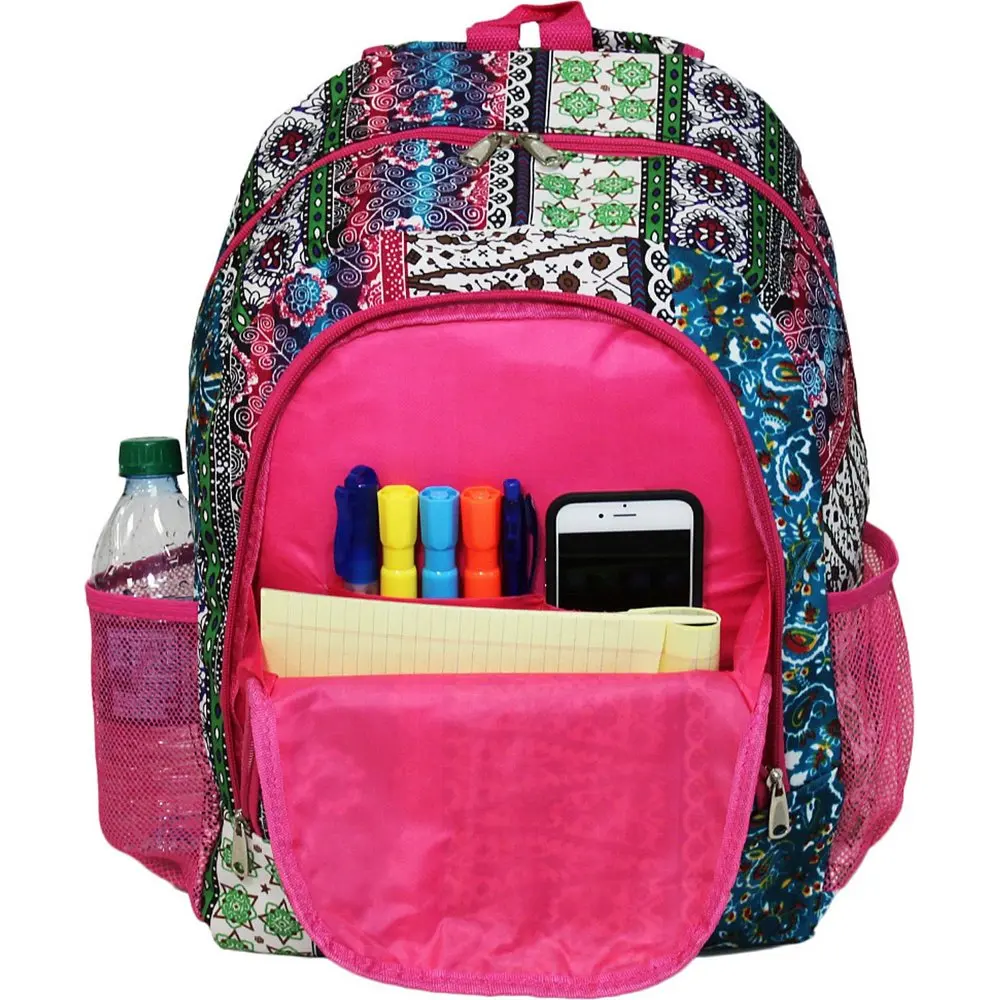 Unisex 16.5 Inch Boho Stripe Quilt Patterned Backpack with Mesh Side Pockets