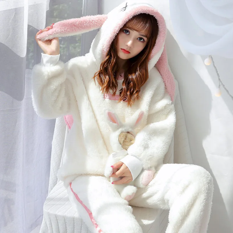 

Winter Women's pajamas Sets Thick Warm Flanne Cartoon Sleepwear Sweet Hooded pajama Long Sleeve Pants Home suit Female Homewear