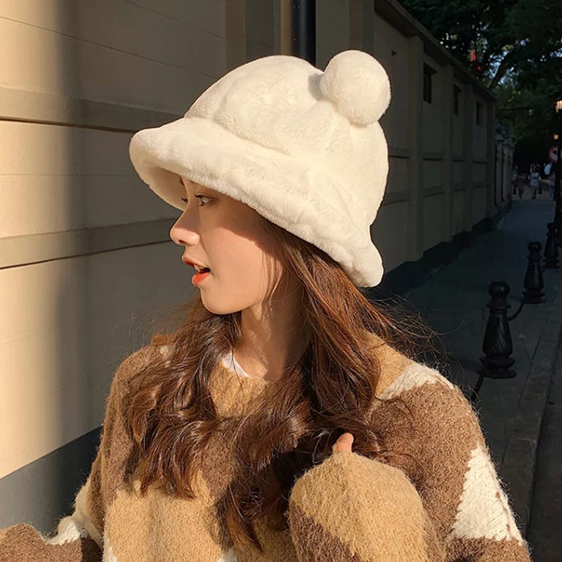 

Soft Warm Bucket Hat Unisex Winter Simple Leopard Print Cute Little Bear Ear Plush Fisherman Hat Autumn Cappello Pescatore