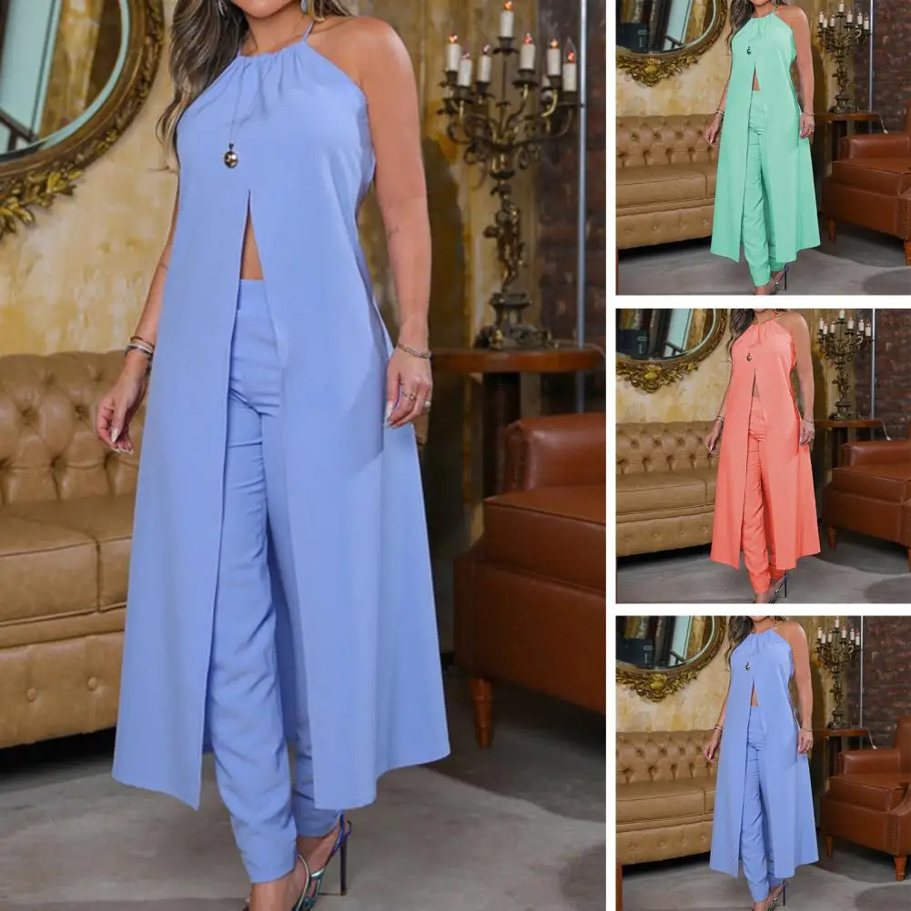 

Commute 2 Pcs/Set Chic Sleeveless Summer Outfits Set Off Shoulder Women Top Pants Set Solid Color Women Clothes
