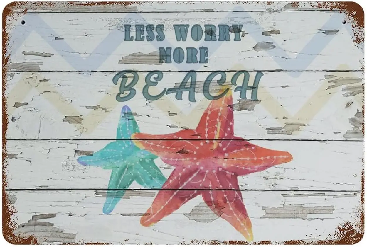 Less Worry More Bech Metl Tn Sgn Strfsh Decorns Wll Decor Sgns Outdoor Vntge nspred for Hngngng Dsply n