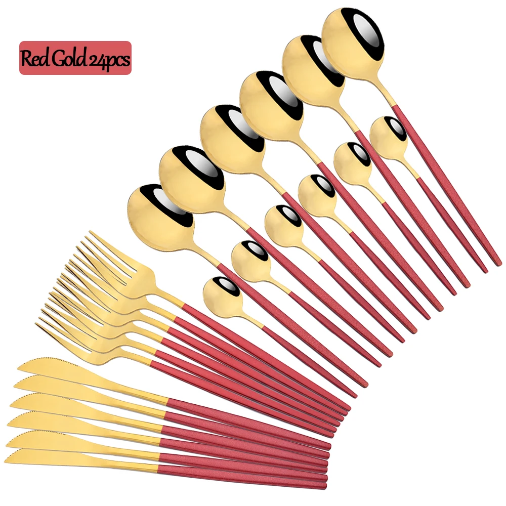 

24Pcs Red Gold Cutlery Sets Stainless Steel Dinnerware Knives Forks Coffee Spoons Flatware Set Kitchen Dinner Tableware Set