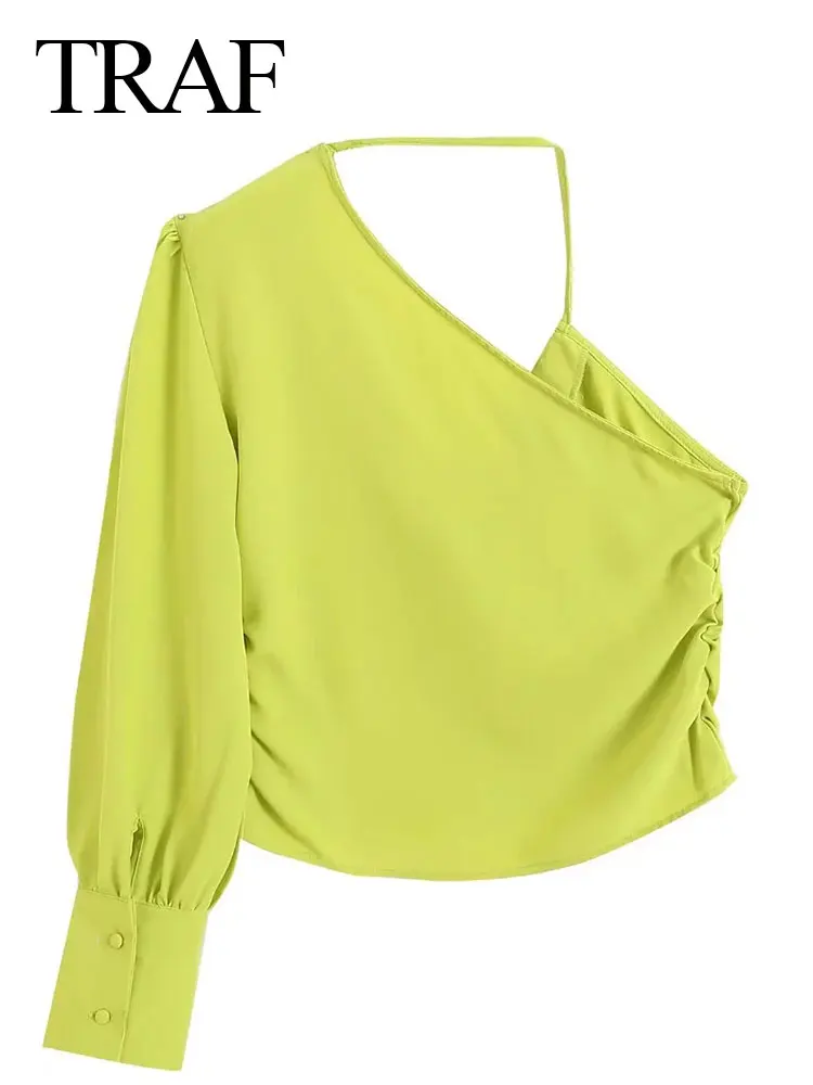 

TRAF Fashion V-neck Unilateral Suspender Lady Top Solid Color Irregular Pleated Slanted Shoulder Long-sleeved Women's Top