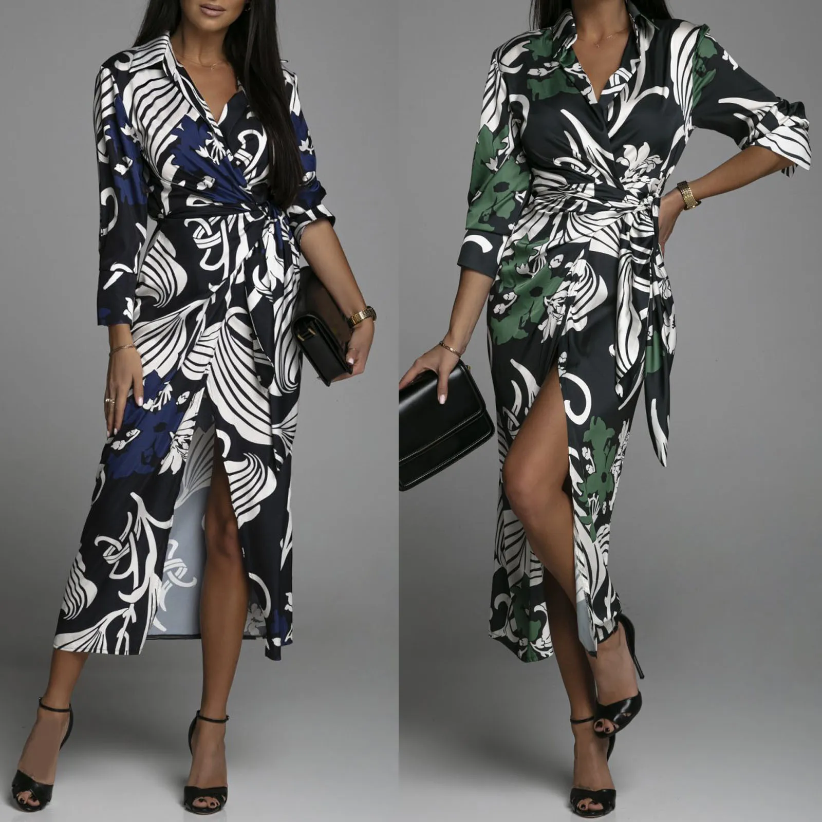 

Women Fashion Dress Deep V-Neck Printed Sexy Dress Long Sleeve Casual Sexy Long Sleeves Dress Elegant Dress Jacket for Women