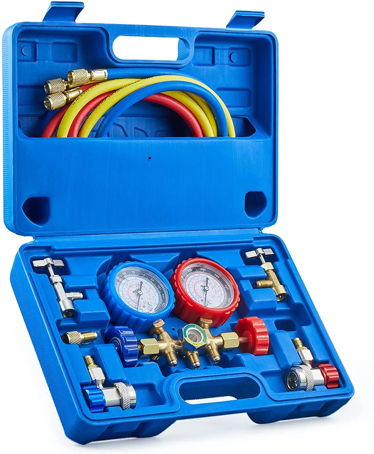 AC Gauges,Manifold Gauge Set for R134a R12 Refrigerant,3 Way Car Set with 5FT Hoses Couplers&Adapter,Sealing Tap Freon Charge
