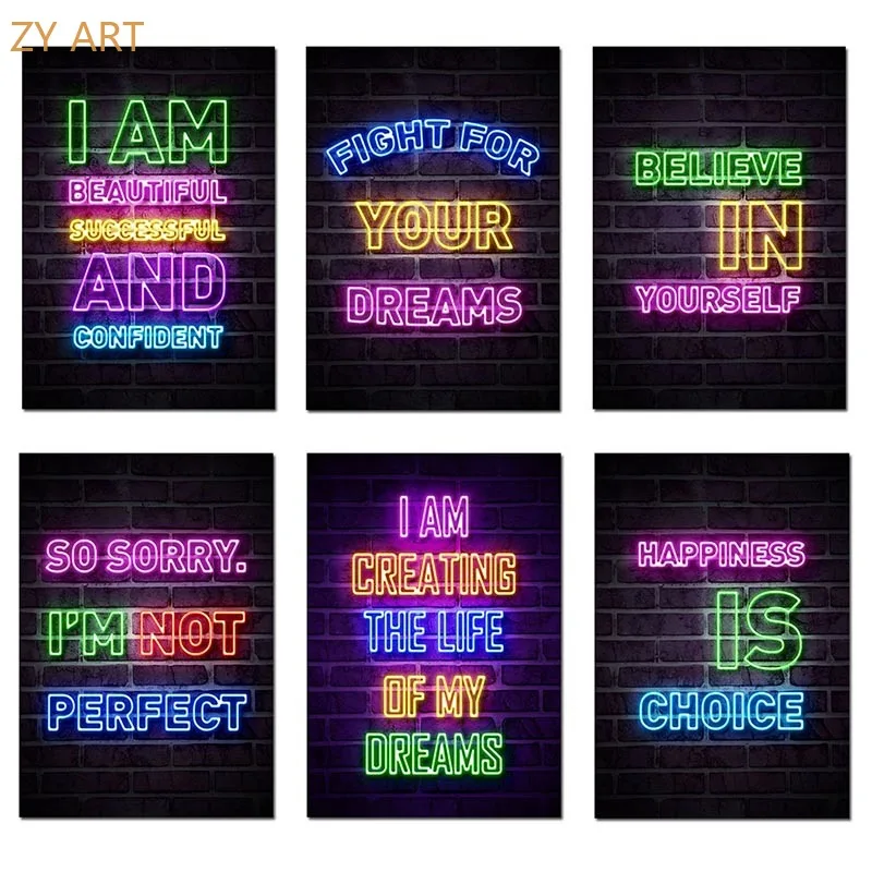

Neon Quotes Wall Art Poster I Am Beautiful and Successful Lettlers Canvas Paintings Prints Wall Decorative Pictures Home Decor
