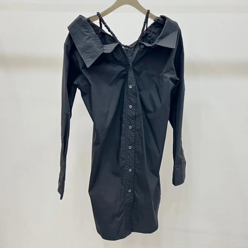 

23 Summer Women Chic Slip Shirt Dress Runway Designer Sexy Off Shoulder Lapel Single Breasted Long Blouse Cotton Streetwear Tops