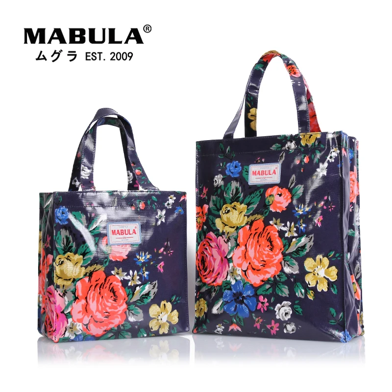 MABULA Boho Flower Print Women PVC Shopping Bag Eco Friendly Reusable Tote Beach Handbag Casual Waterproof Student Book Purse