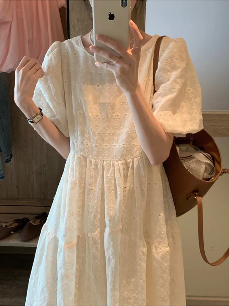 

Новое модное женское кружевное летнее платье с вышивкой, женское элегантное свободное платье с круглым вырезом и пышными короткими рукавами, Vestidos, женская одежда
