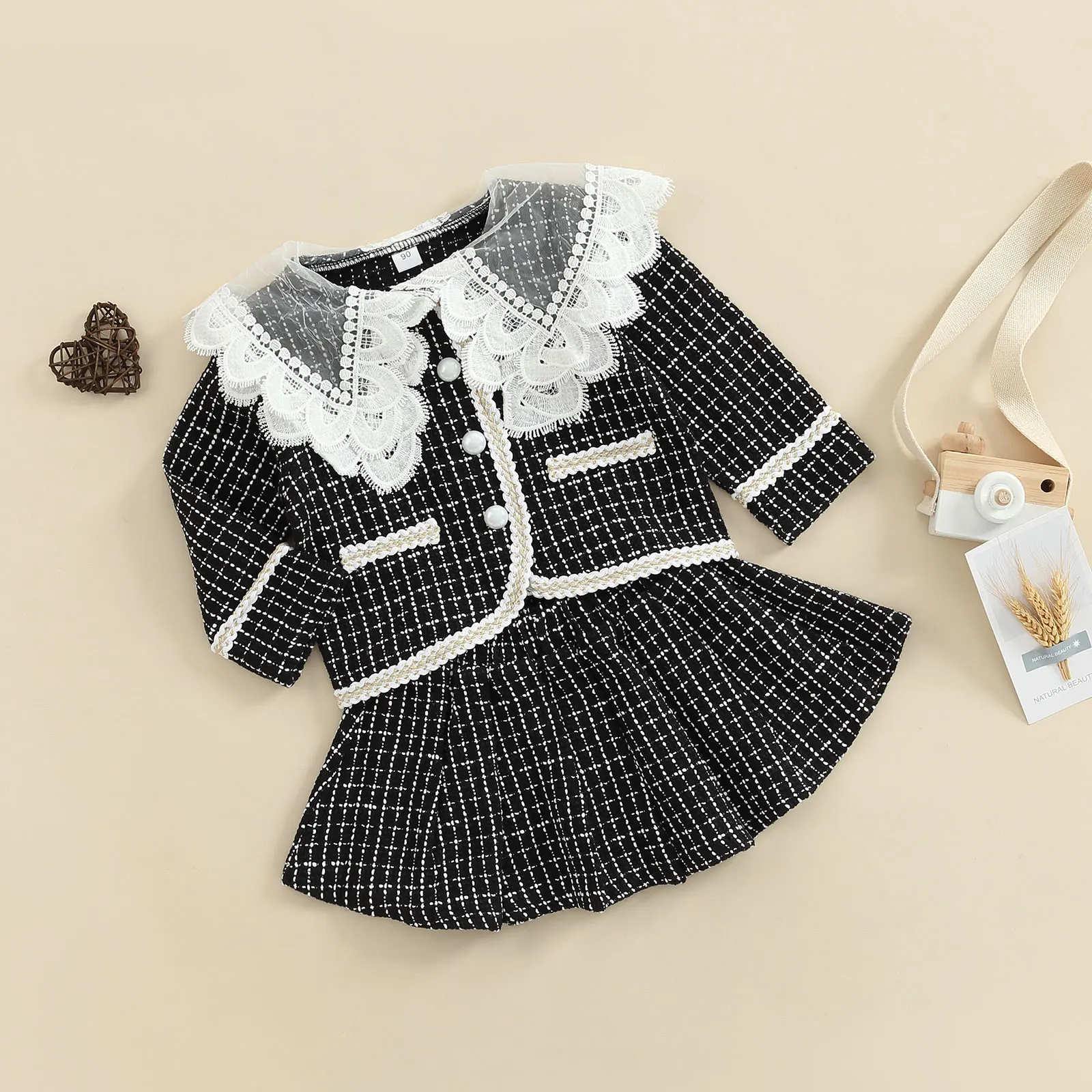 

TR New Autumn Kids Girls Clothes Outfit Lace Ruffle Long Sleeve Plaid Outerwear + Elastic Waist Skirt Fall Suit