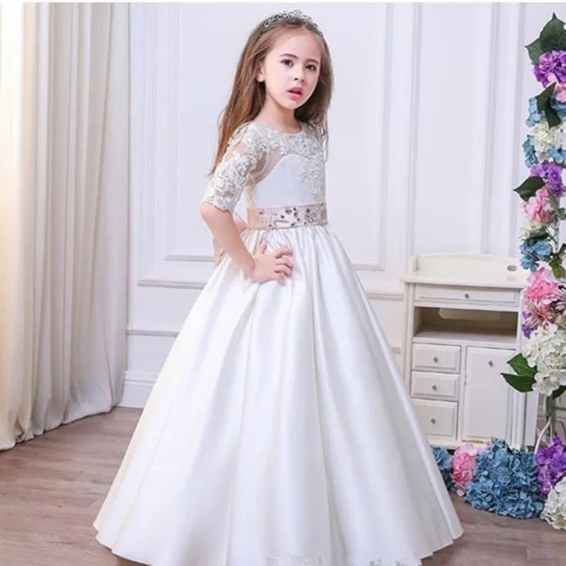 

Flower Girl Dresses For Wedding Jewel Lace Applique Girls Pageant Dresses With Half Sleeve Beaded Sash First Communion Dresses