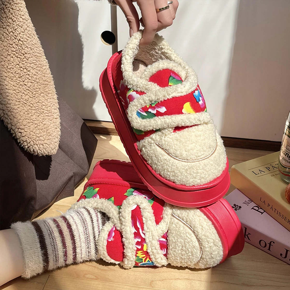 Женские ботинки с закрытым носком Mo Dou теплые плюшевые тапочки мягкая толстая