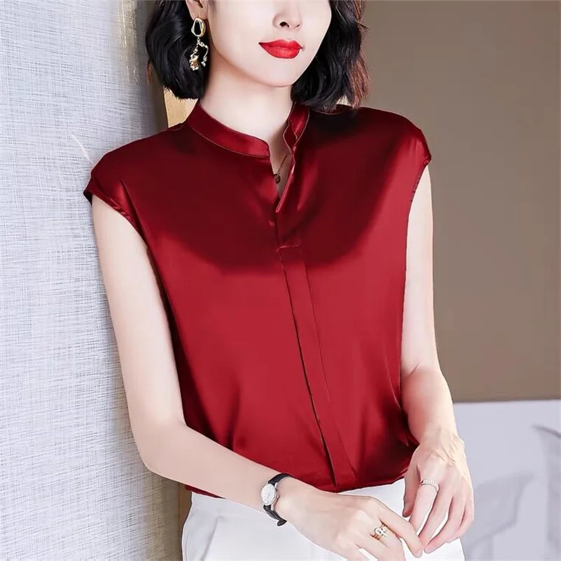 

Female Short Raglan Sleeves Solid Satin T-Shirt Women Summer Casual Loose Fashion Tees Ladies Stand Collar Simple Basic Tops