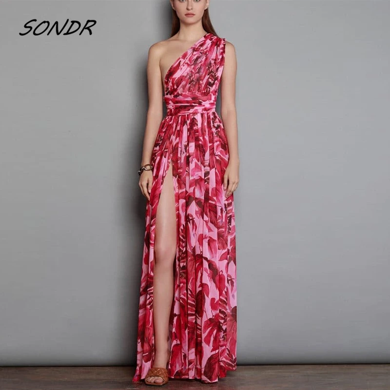 

Elegant Party Maxi Dress Women Red Print One Shoulder Sexy Evening Dress