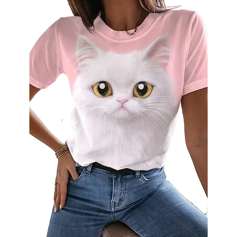 

Summer Pink Ladies T-shirt Short Sleeve 3d Cat Fashion Printing Harajuku Top Kawaii Animal Clothes Oversized Female Blouses