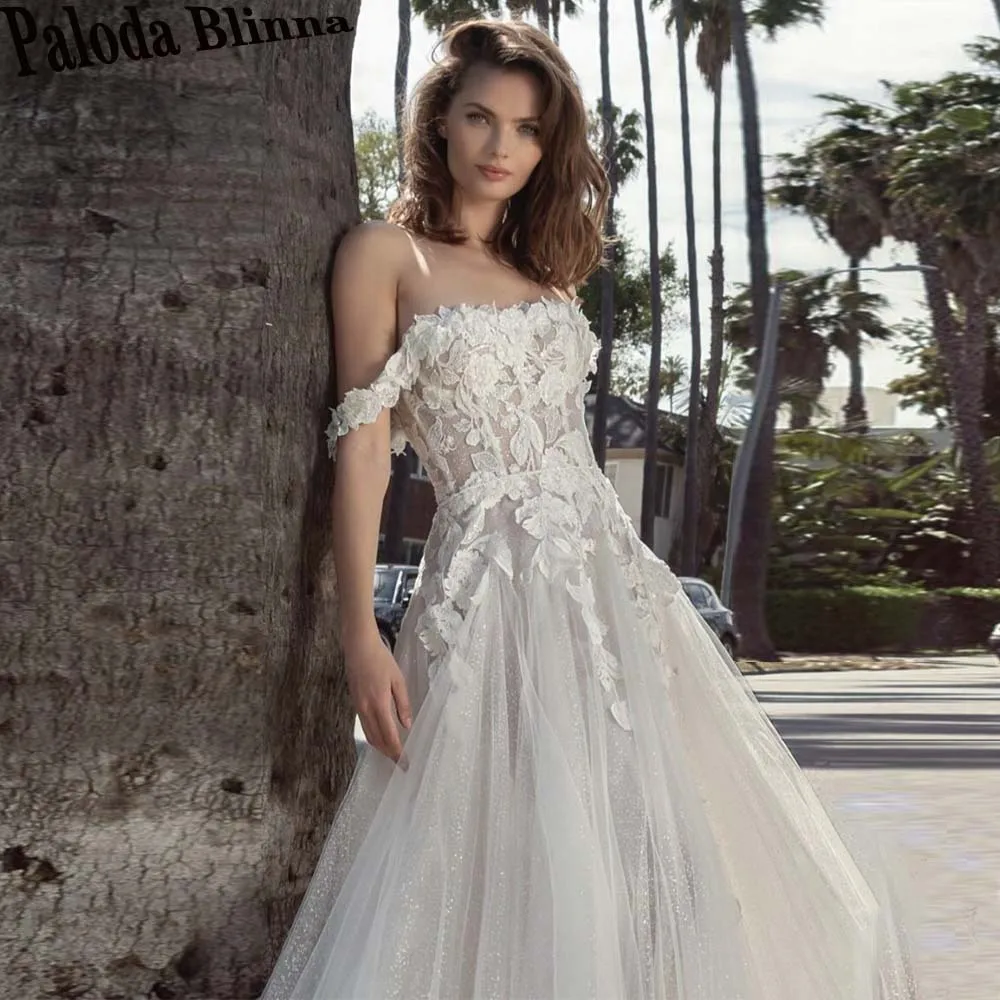 

Paloda Off The Shoulder Classic Wedding Gown For Bride A-LINE Appliques Bling Tulle Chapel Train Pleat Backless Customised