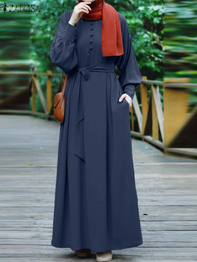 

ZANZEA Vintage Marocain Ramadan Sundress Elegant Women Long Sleeve Solid Maxi Dress Muslim Abaya Hijab Dress Kaftan Robe Femme