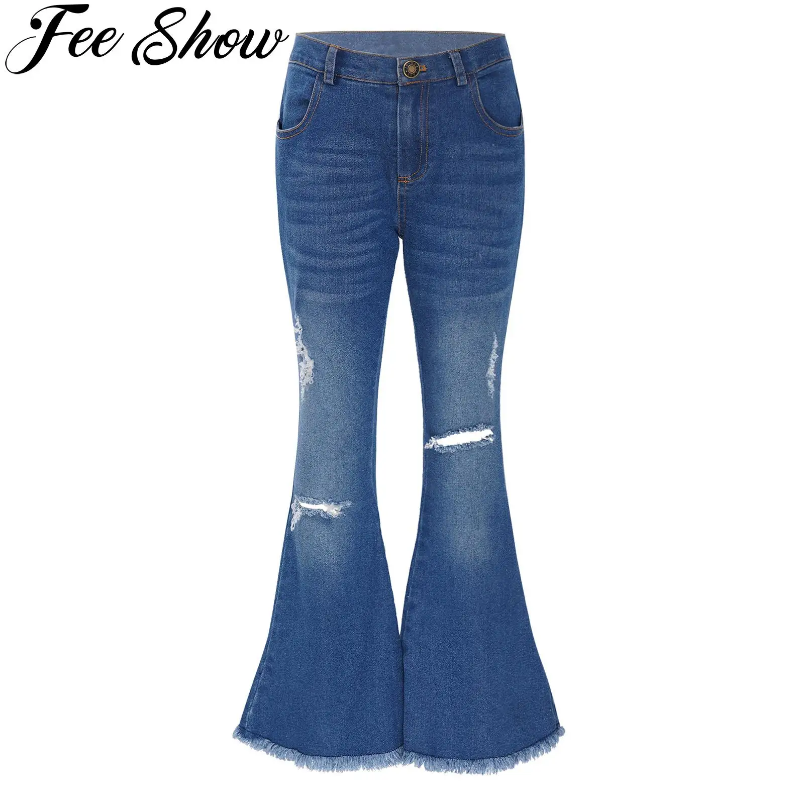 

Spring Autumn Kids Girls Casual Ripped Fitted Denim Pants Flare Jeans Zipper Closure Crotch Bell Bottom Raw Hem Denim Trousers