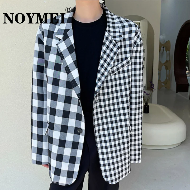 

NOYMEI High Street Handsome Lattice Suit Coat Korean Style Trend Patchwork Plaid Temperament Single Breasted Chic Blazer WA574