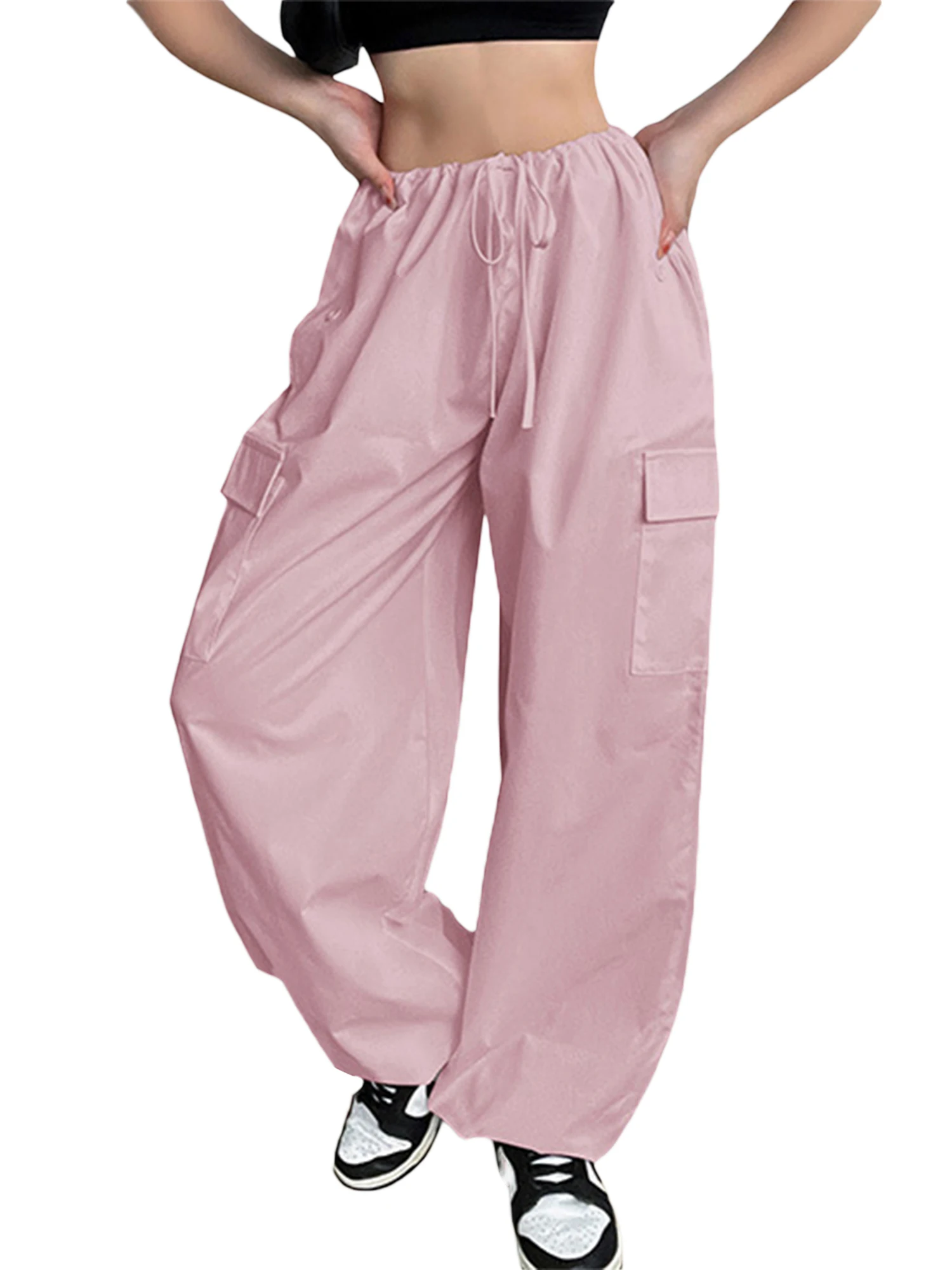 Yuemengxuan - Pantalones tipo cargo de pierna ancha para mujer estilo casual cintura baja cordón holgado pantalones de