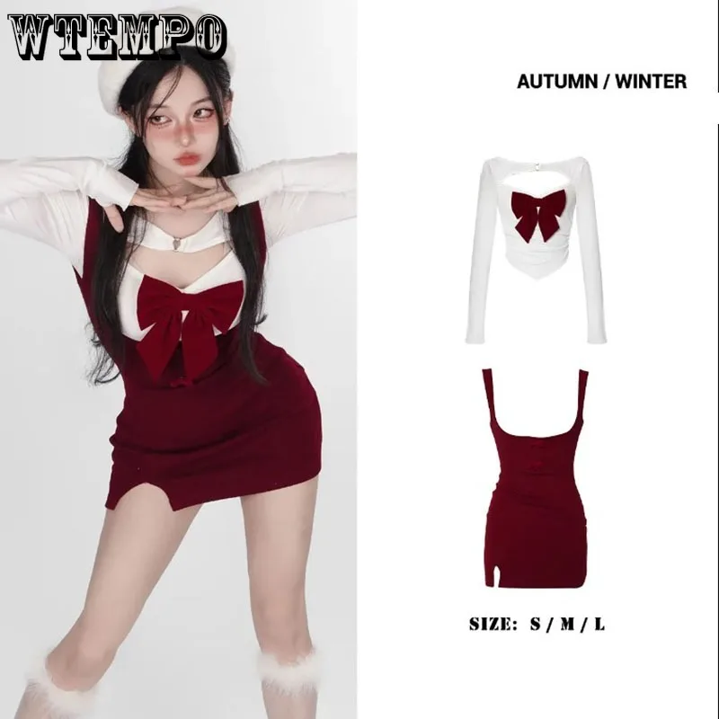 

Red Dress Sets Hotsweet Sexy Slim Women's Two-piece Suit Bow White Long Sleeved T-shirt+Hip Wrap Dress Korean Fashion Wholesale
