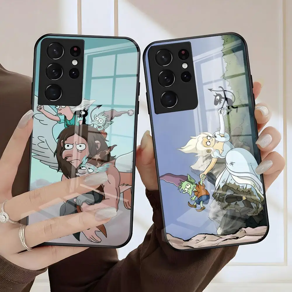 Фото Чехол для телефона Cartoon-D-Disenchantments для Samsung S26 S25 S24 FE S23 S22 S21 Plus S20 Ultra Note20Ultra, черное стеклянное покрытие. №1
