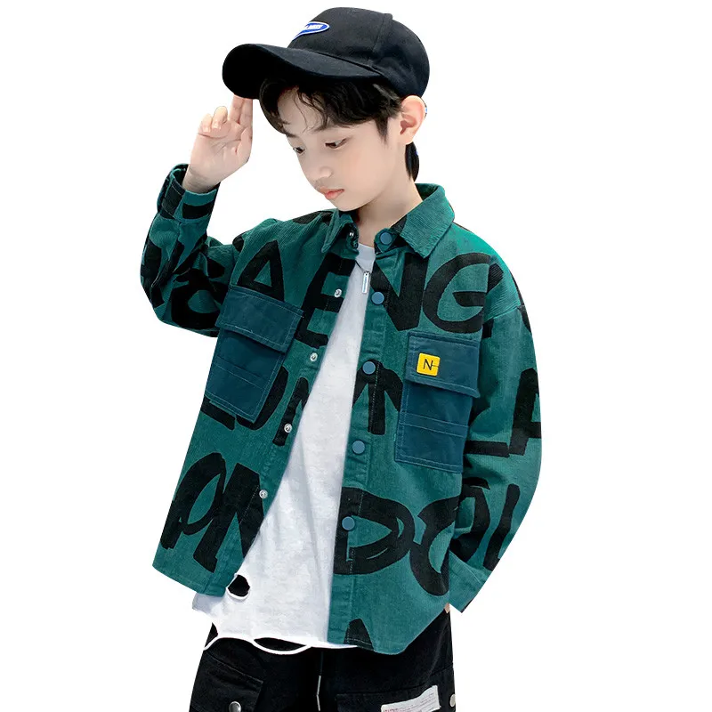 

Корейский стиль, хлопковая рубашка с отложным воротником и буквенным принтом для крутого мальчика, Весенняя школьная форма, блузка коричне...