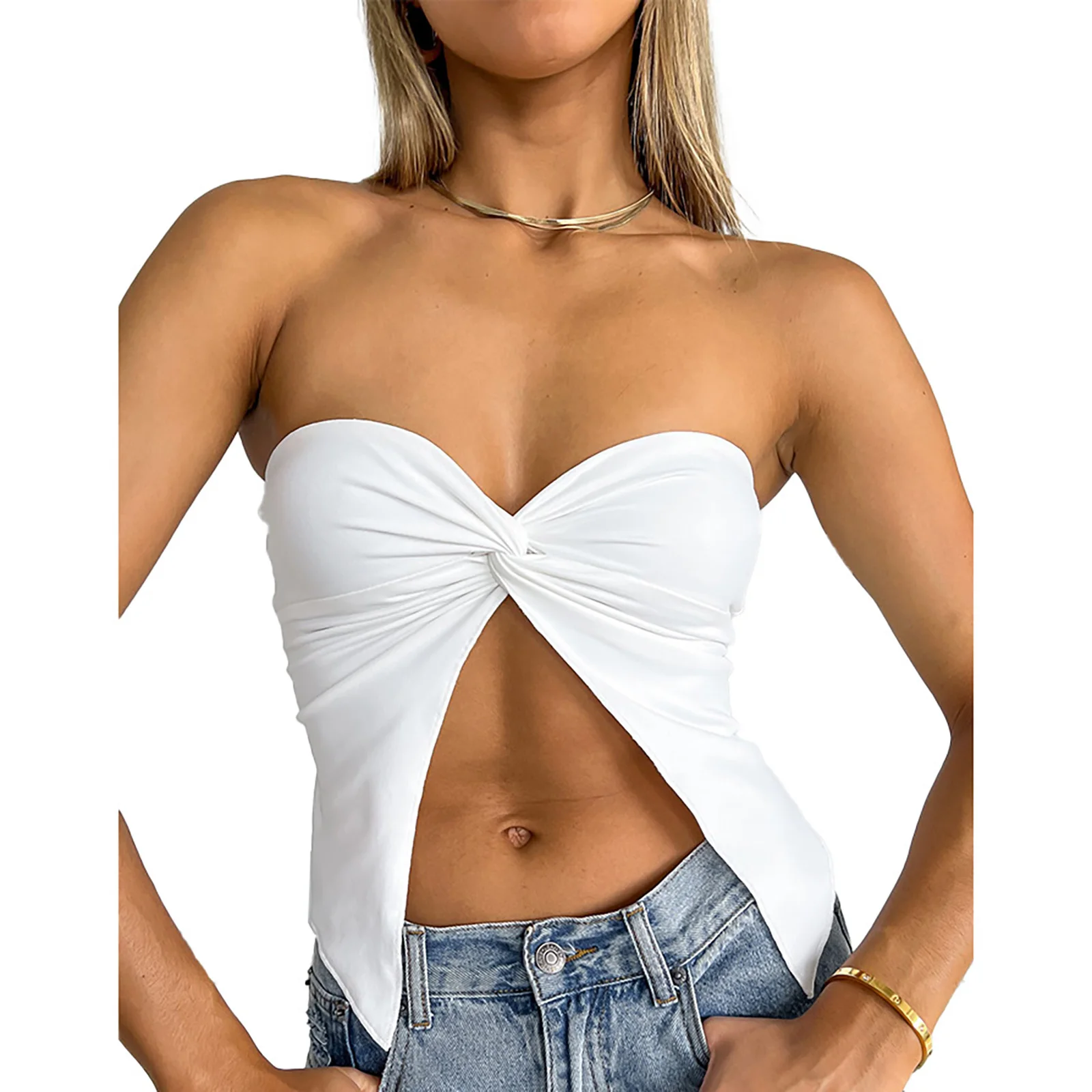 

Топ женский однотонный с бантом, Облегающая майка бандо без рукавов, с разрезом спереди, уличная одежда, Жилет без бретелек