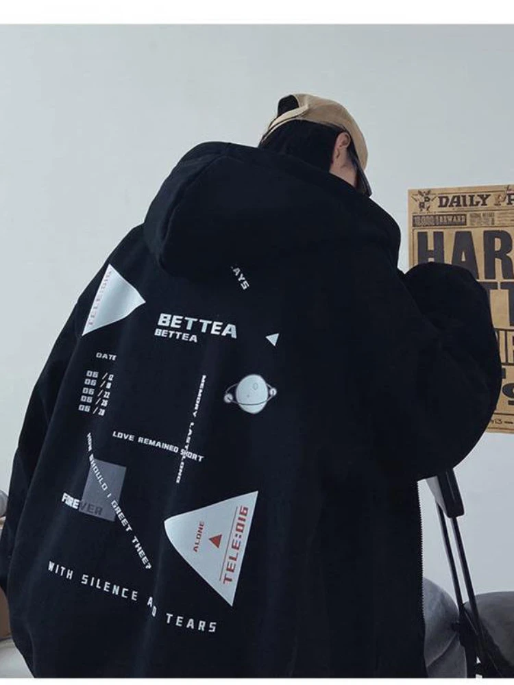 

Hip Hop Cardigan Hoodies Male Autumn Winter Fleece Thickened Sweatshirt Men's Hooded Loose High Street Autumn Jacket Streetwear