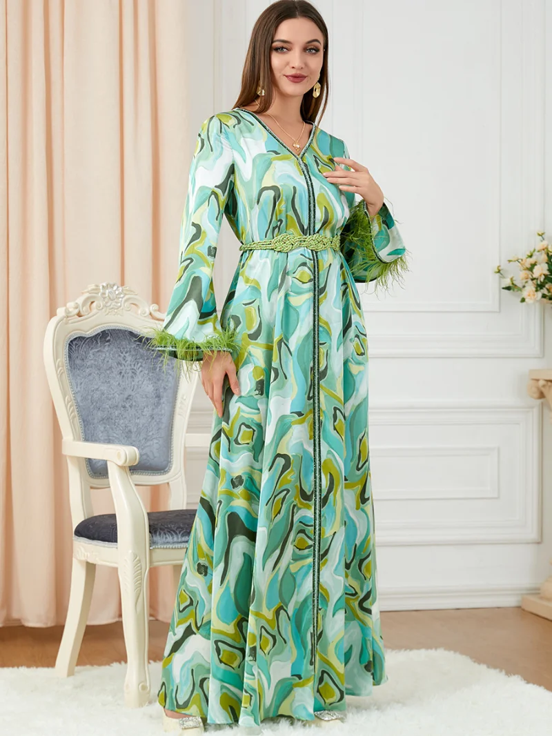 Women's Dresses Print Fall 2022 Abaya's V-Neck Feathers Long Sleeve Maxi Dress Belted Moroccan Kaftan Robe Abayat Turkish Jilbab