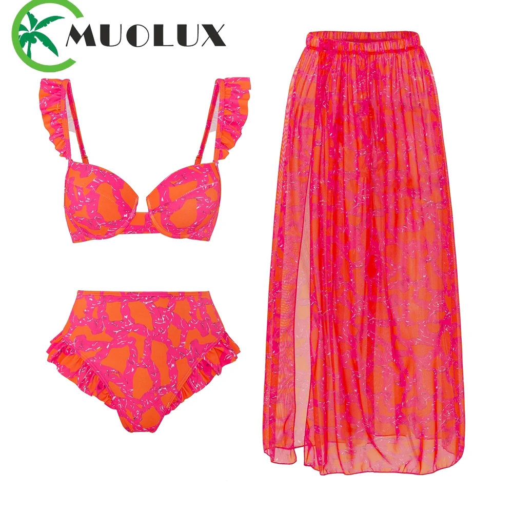 

MUOLUX Sexy 3 Piece Set Bikinis High Waist Swimsuit Women 2023 Ruffle Push Up Swimwear Vintage Biquini Bathing Suit Bikini Beach