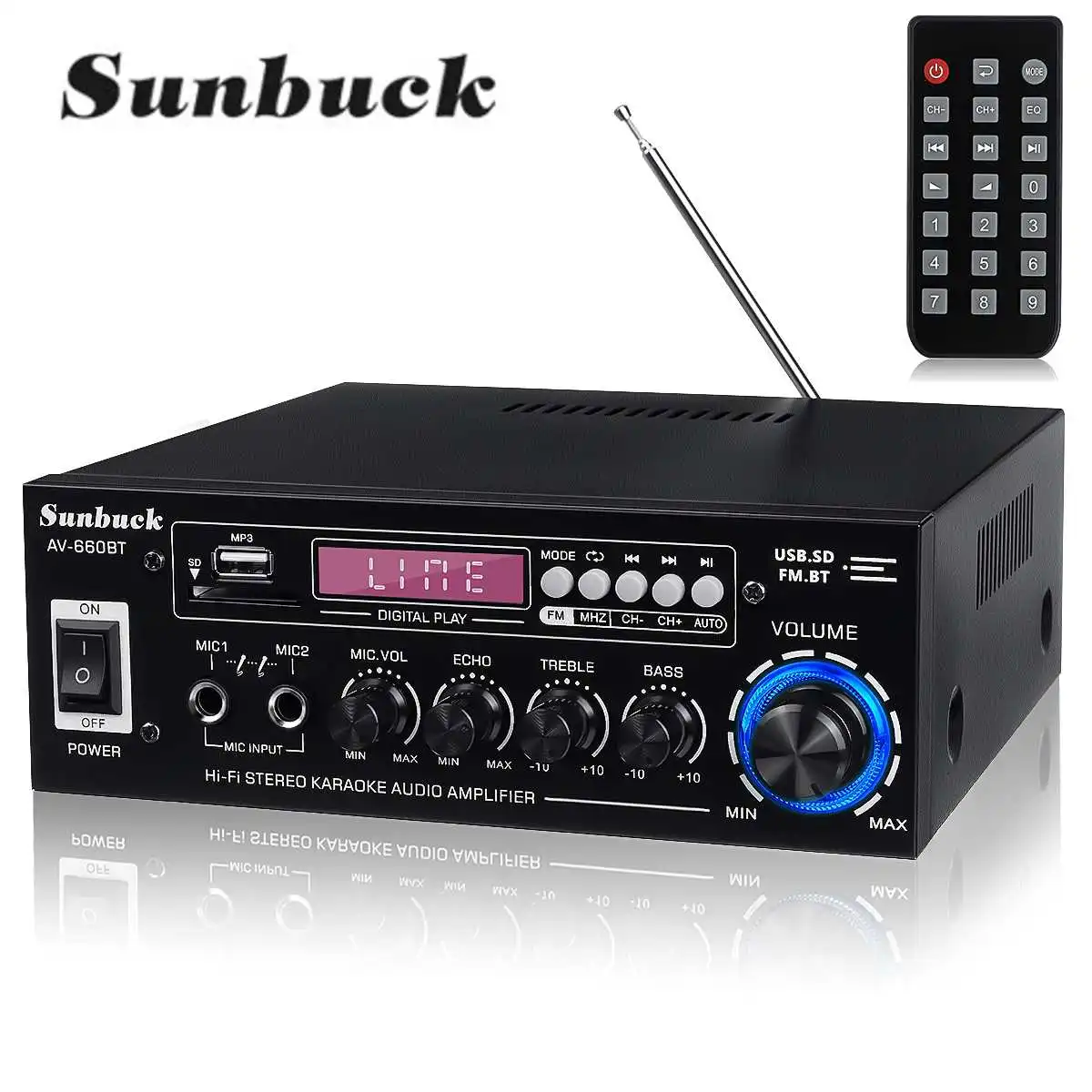 

SUNBUCK AV power amplifier 2.0 Channel Audio Home Theater Amplifiers DC 12V 110V/220V Support EQ FM SD USB 2 Mic 5.0 bluetooth