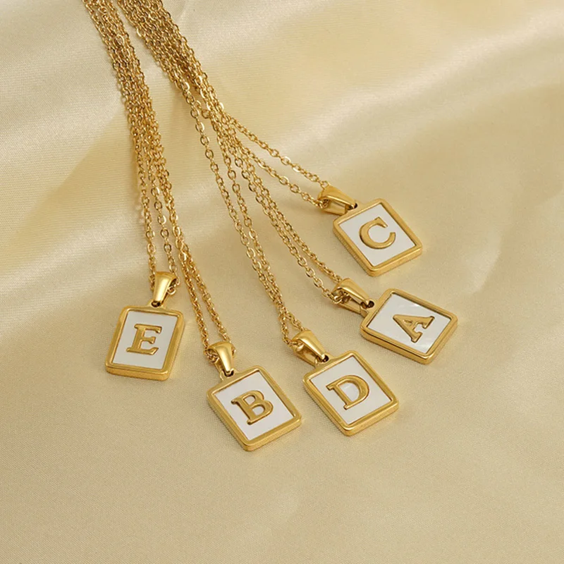 

Name Letter Shell Pendant Necklaces White Colorful Square Initials Stainless Steel Necklace Gold Color Chain Jewelry for Women
