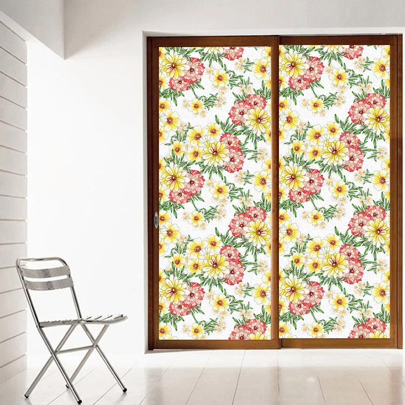 

Наклейки на окна с красными и желтыми цветами, антистатические клейкие декоративные наклейки с защитой от солнца и УФ-лучей для дома