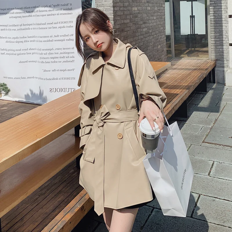 

Korean Loose Women Mid-length Faux PU Leather Windbreaker With Sashes Autumn Double-breasted Lapel Long-sleeve Female Outerwear
