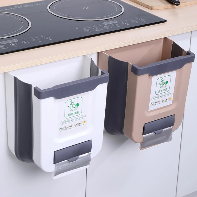 

Kitchen Wall-mounted Folding Trash Household Cabinet Basket Hanging Trash Can