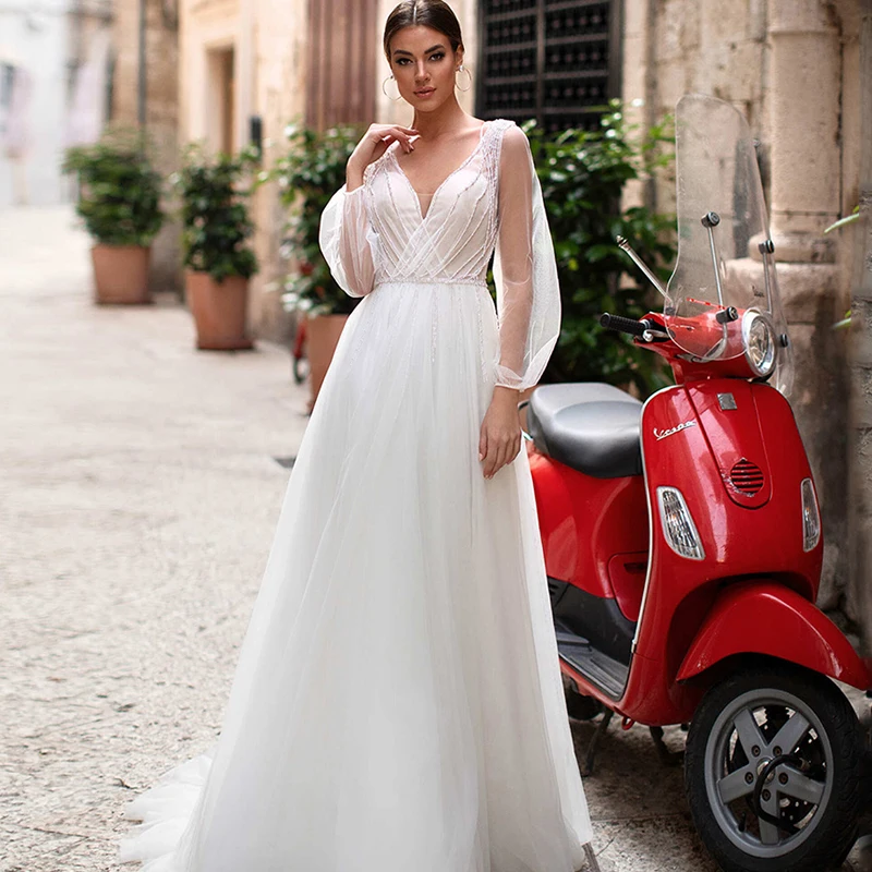 

Boho V-Neck Wedding Dress Long Lantern Sleeves Simple Tulle A-Line Bride Gown Backless Customize To Measures Robe De Mariee