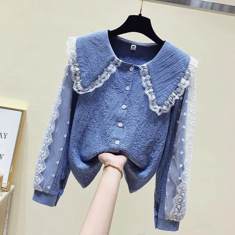 

Женская шифоновая блузка с длинным рукавом, свободная повседневная Однотонная рубашка с французским кружевом, K121, весна-осень 2022