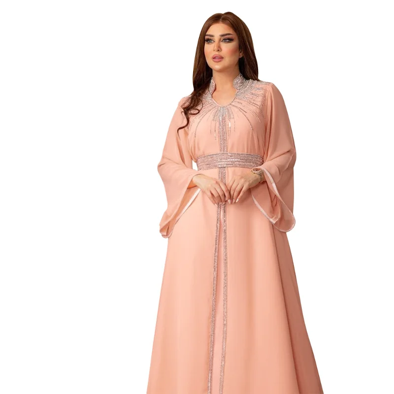 Eid Dubai Muslim Party Dress Women Abaya Stand Collar Diamond Dubai Abayas Diamond Kaftan Elegant Robe Vestidos Turkey Gown 2023