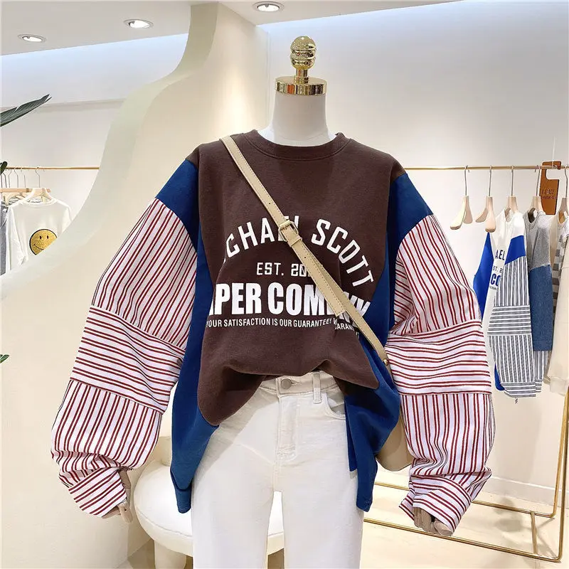 2022 Autumn All-match Korean Stitching Striped Sleeves Simple Letters Sweatshirt Women Pullover Long Sleeve Thin Jackets Clothes