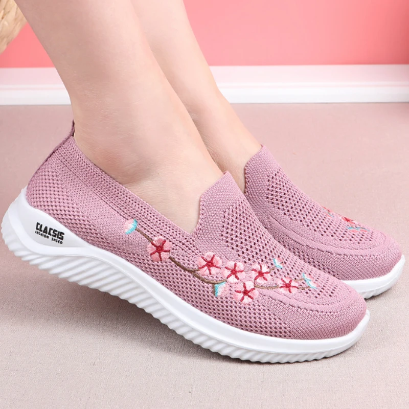 

Women Walking Shoes Women Flower Embroidery Mesh Breathable Round Head Sneakers Casual Soft Bottom Loafers Deportivas De Mujer