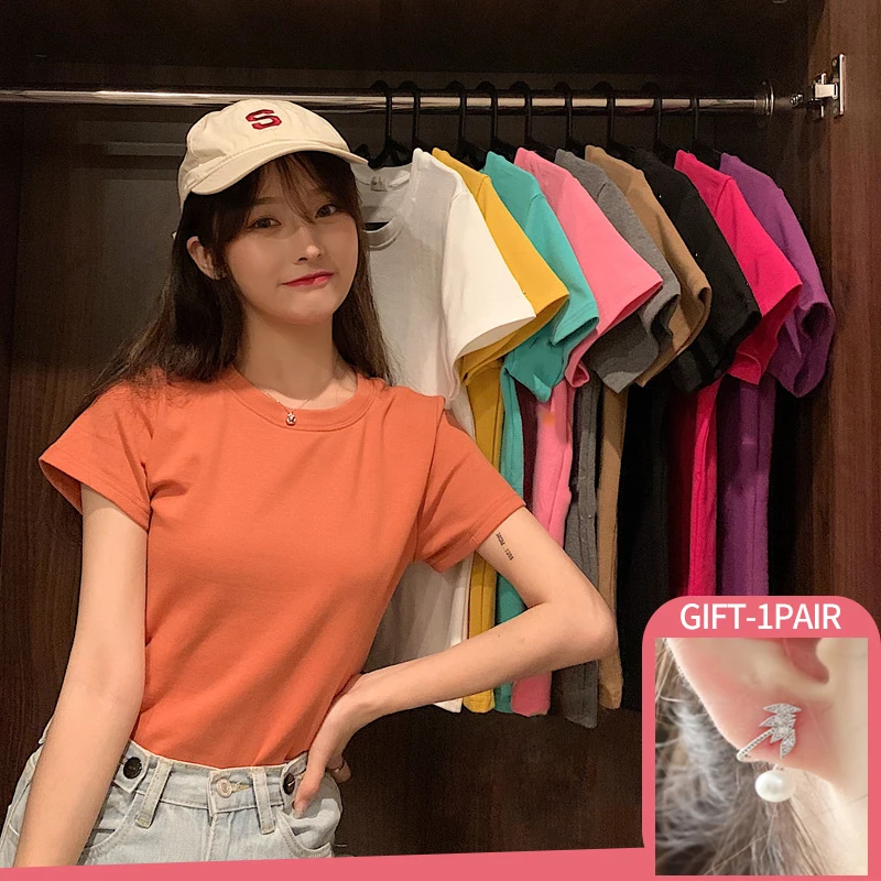 

New Summer Women Tees Loose Short Sleeve Tee Shirts Female Solid Tees Ladies Tops Harajuku T shirt Pure Cotton Casual T-shirt