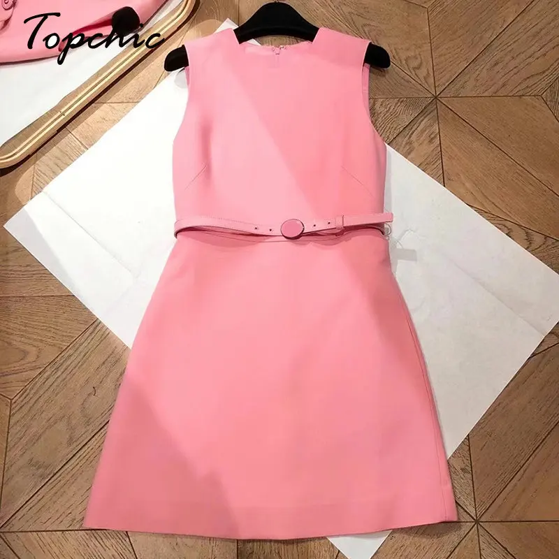 

Pink Letter Sashes Dresses for Women 2023 Elegant O-neck Sleeveless A-line Mini Dress Luxury Designer Summer Clothing